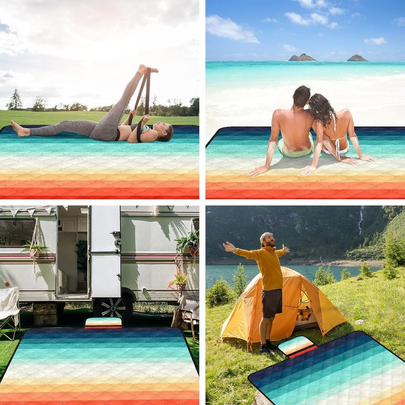 BEW Waterproof Picnic Blankets,79''x79'' Extra Large Foldable Sandproof Beach Blanket,Portable 3-Layer Polyester Outdoor Picnic Blanket for Grass Lawn,Beach,Family Camping,Park,Travel-Rainbow Stripe - Image 5